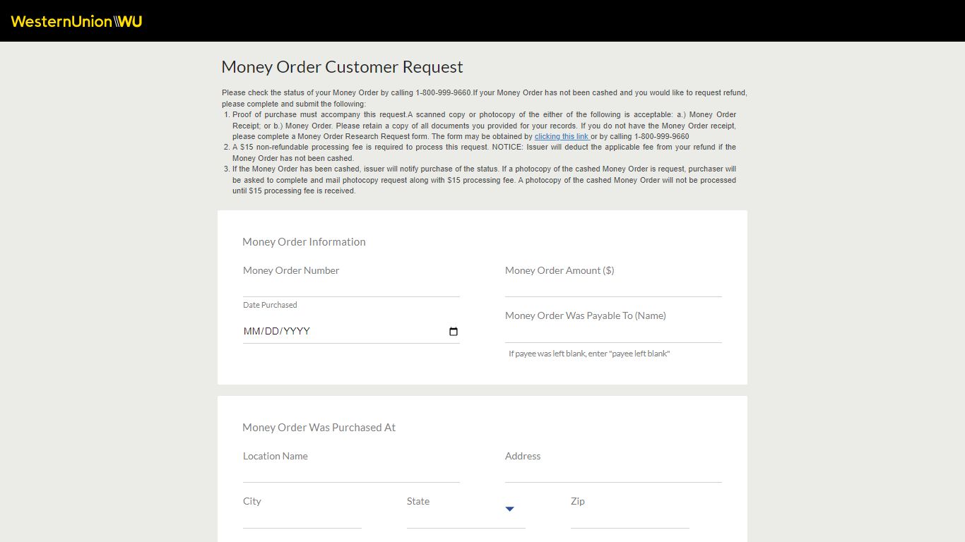 Money Order Customer Request - Western Union